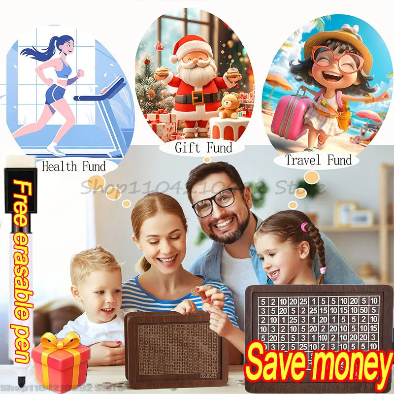 Handmade Wooden Money Box with Savings Tracker – Reusable Piggy Bank for Kids & Adults (10,000 Savings Challenge)