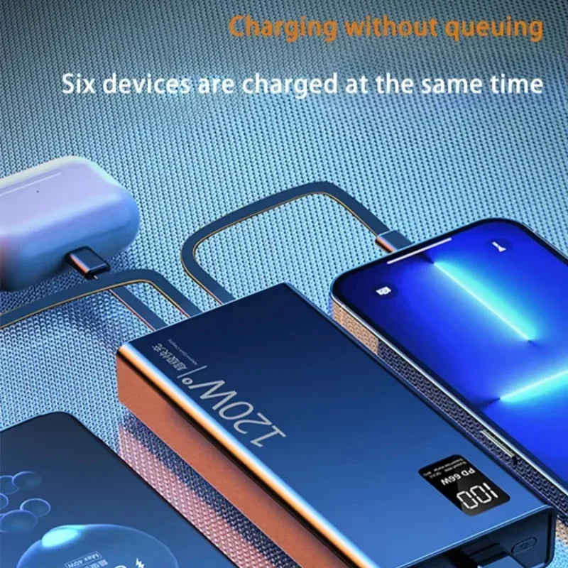 120W 50,000mAh Power Bank with Built-In 4-in-1 Cables — Fast Portable Charger with LED Display