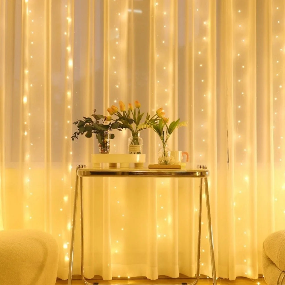 LED USB Curtain String Lights 8-Mode – Fairy Curtain Lights for Christmas & Wedding Party, 3m & 6m (Warm White / Multicolor) with Remote