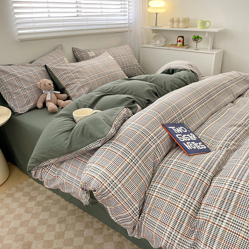 Nordic Plaid Washed Cotton Bedding Set - Duvet Cover + Pillowcases & Flat Sheet - Twin/Full/Queen/King