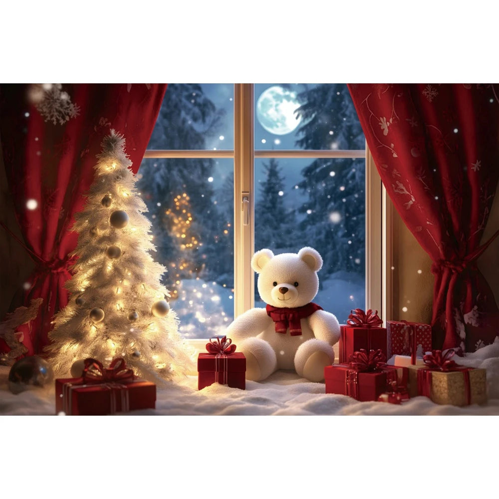 Christmas Photography Backdrop - Red Curtain & Window Scene with Snowy Bear and Gifts for Kids & Family Portraits
