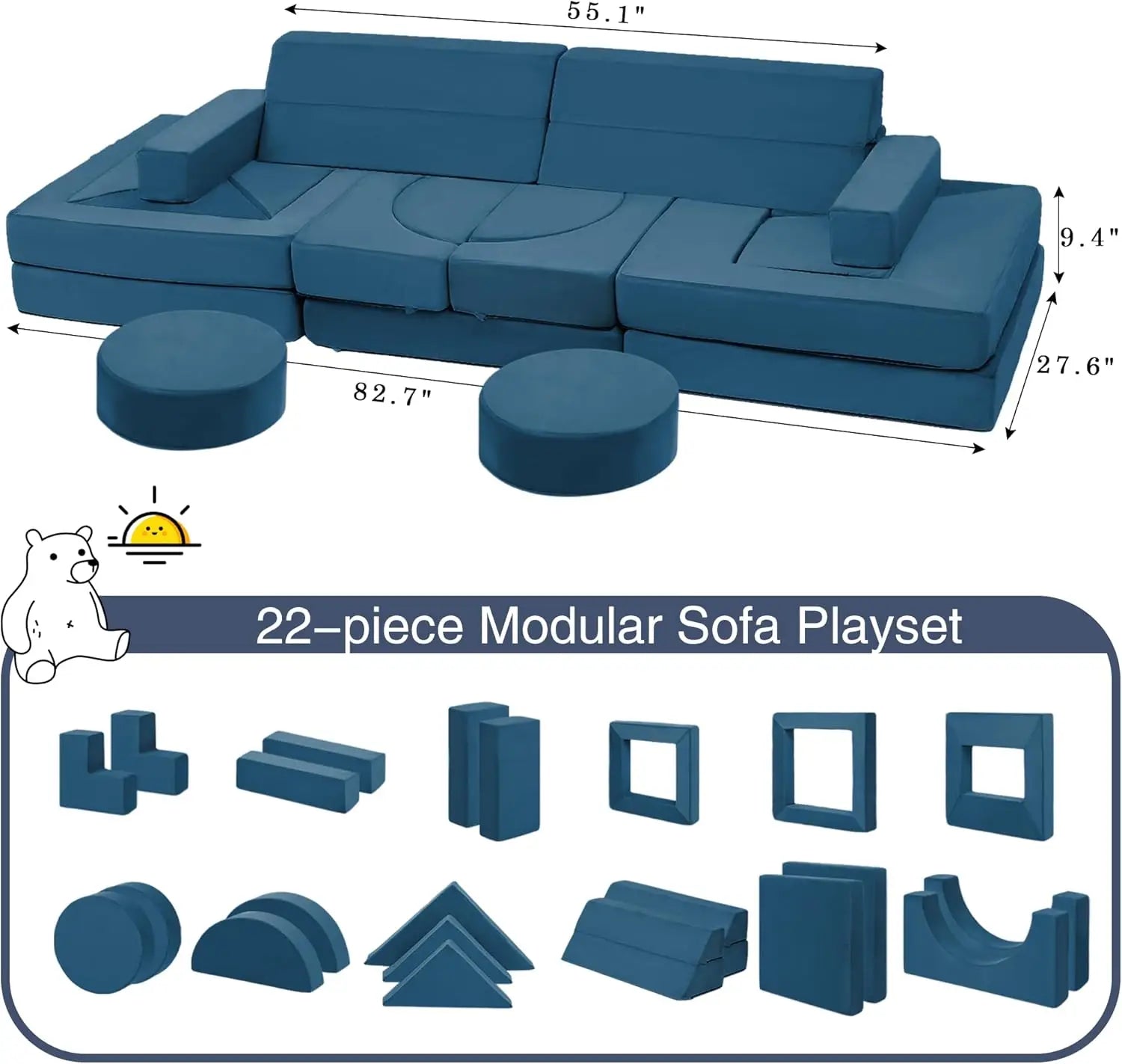 22-Piece Modular Kids Play Couch — Convertible Toddler Foam Sofa for Playroom, Bedroom & Living Room, Buildable Play Blocks for Imaginative Play