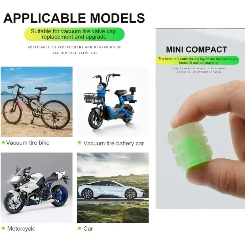 Glow-in-the-Dark Tire Valve Caps – Universal Luminous Wheel Valve Stem Covers for Car, Motorcycle & Bicycle – Dust-Proof Decorative Caps