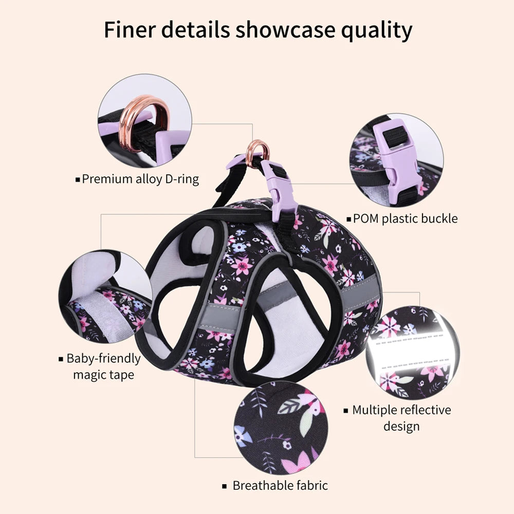 Adjustable Soft Vest Harness & Leash Set for Small & Medium Dogs & Cats – Reflective Printed Puppy Harness with Wrist Leash and Collar