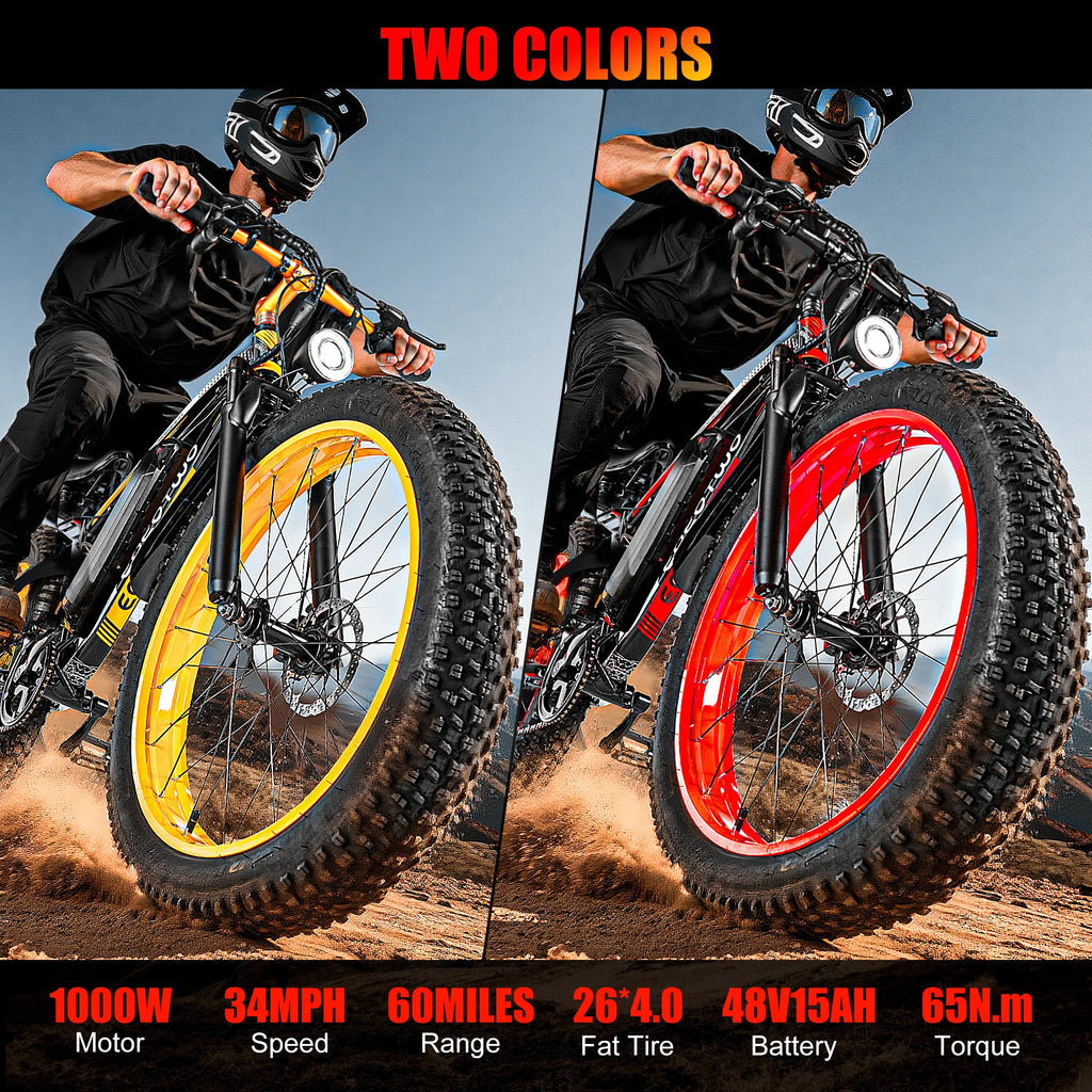 Adult Electric Fat Tire Bike 26-inch (66 cm), 1000W Motor (up to 1500W peak), 34 MPH (55 km/h), 60‑Mile Range, 4.0-inch Tires
