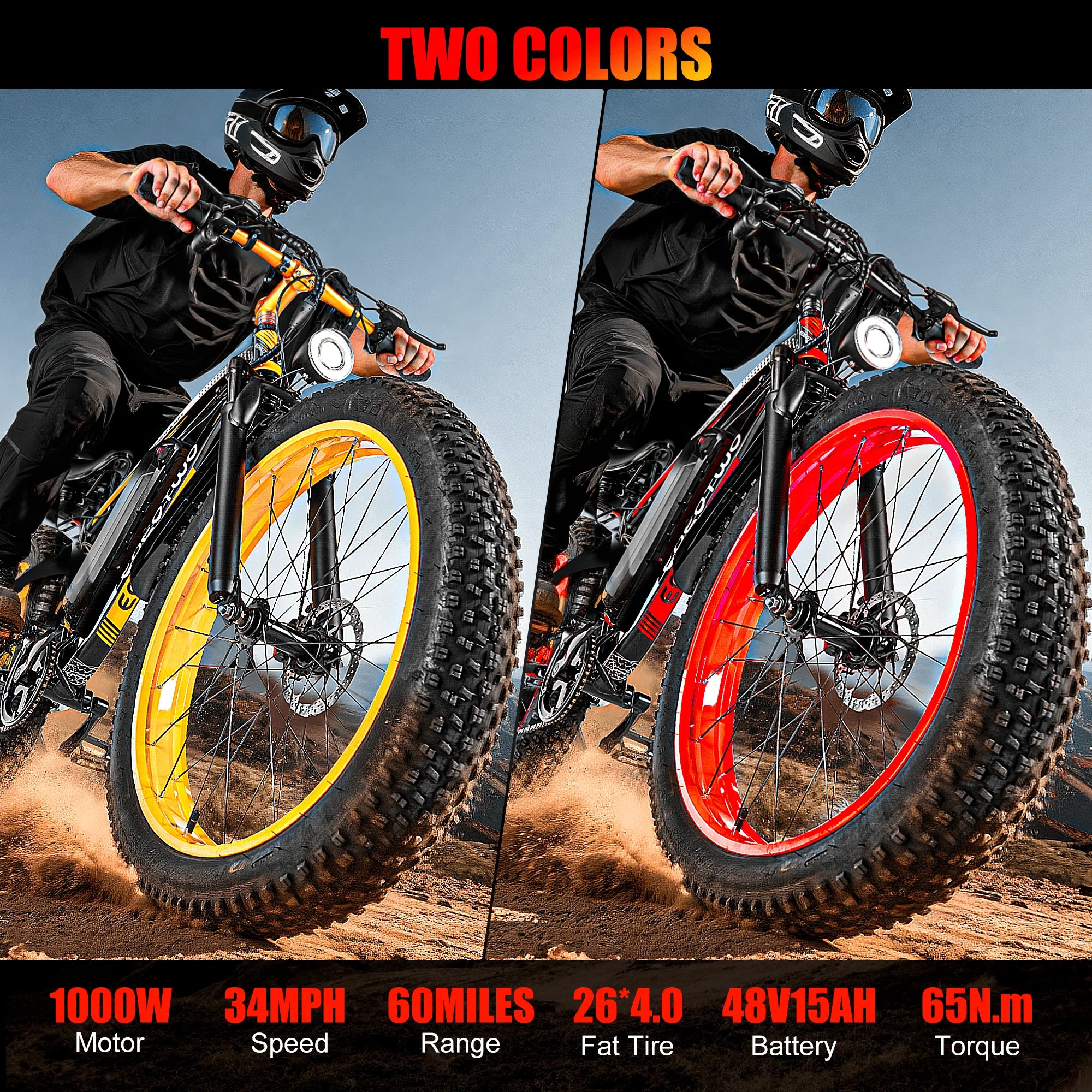 Adult Electric Fat Tire Bike 26-inch (66 cm), 1000W Motor (up to 1500W peak), 34 MPH (55 km/h), 60‑Mile Range, 4.0-inch Tires