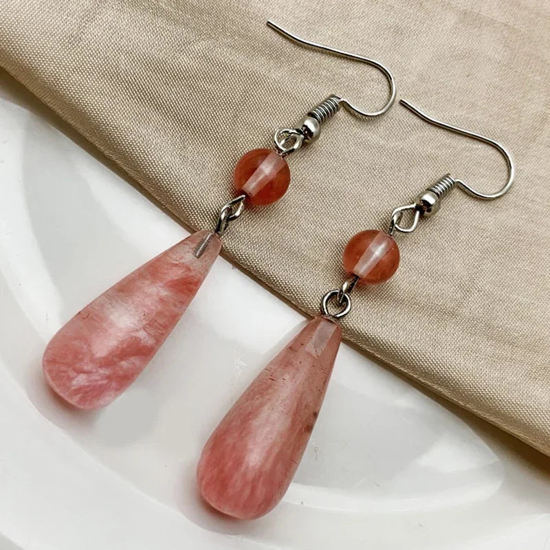 Korean Natural Stone Drop Earrings – Handmade Malachite & Tiger Eye Statement Earrings for Women Party Gift