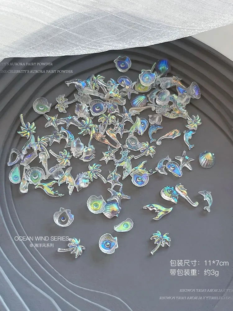 50pcs Summer Ocean 3D Nail Charms – Aurora Shell, Starfish & Fish Tail Nail Art Decorations
