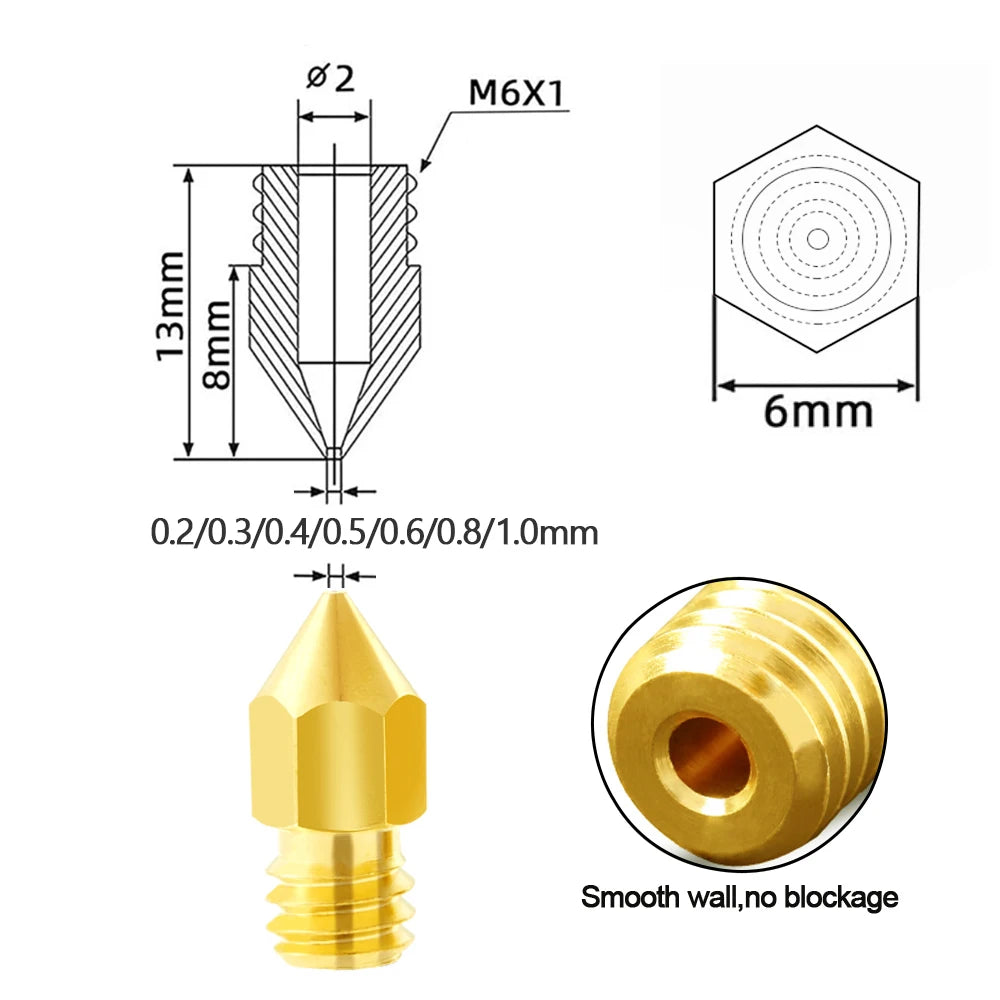 Brass 3D Printer Nozzles — 5/10-Pack 0.2–1.0mm Options for 1.75mm Filament — Extruder Print Head Replacement