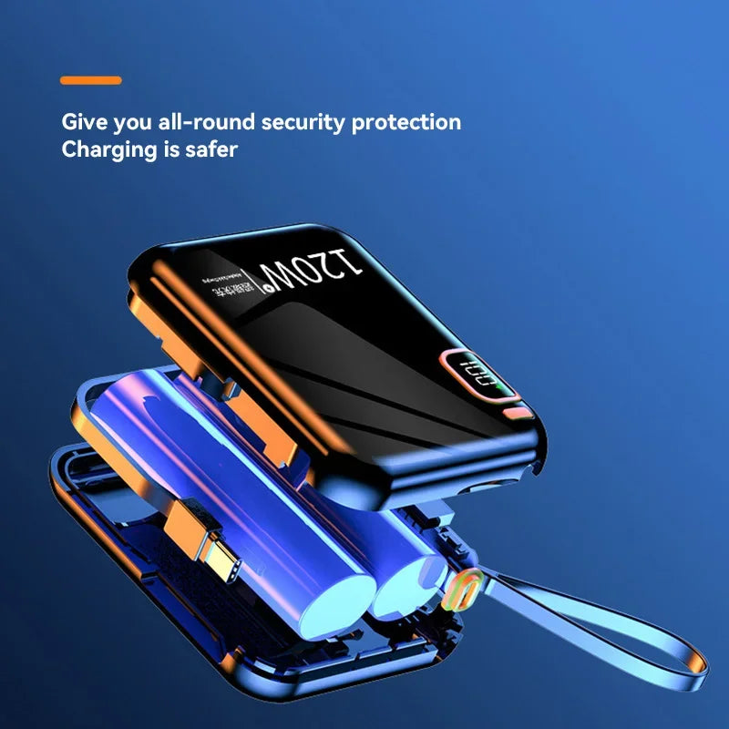120W 50000mAh Portable Power Bank - Built-in Cables, LED Display & Flashlight, Two-Way Fast Charging for iPhone Samsung