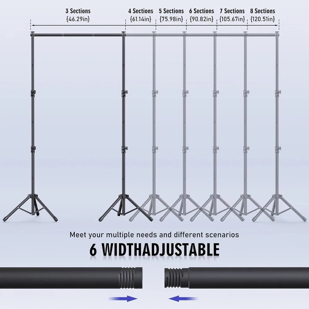 Adjustable Backdrop Stand Kit – 6 Width Options, Extends to 10 x 7.5 ft (305 x 229 cm) for Photography & Event Backdrops