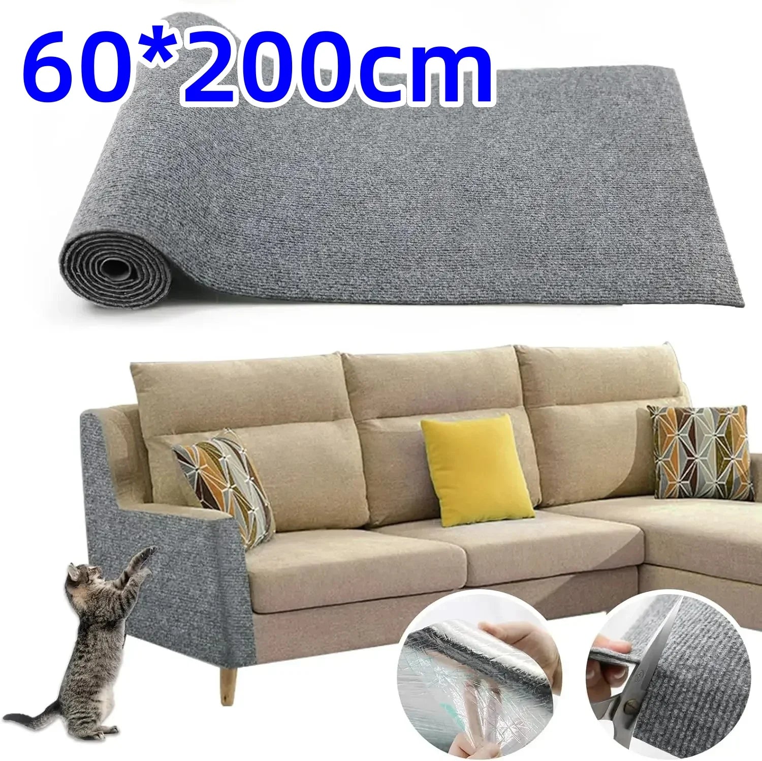 Self-Adhesive Cat Scratcher Mat 60 x 200 cm (23.6 x 78.7 in) – Trimmable Sofa Protector Carpet for Cats