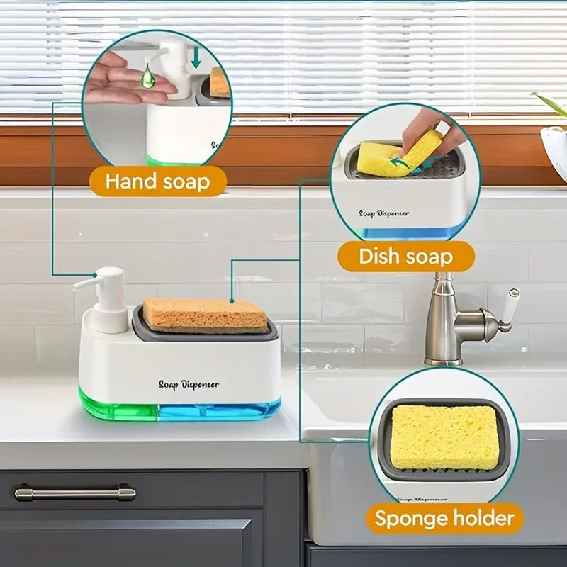 2-in-1 Kitchen Soap Dispenser with Built-In Sponge Holder Countertop Dish & Hand Pump