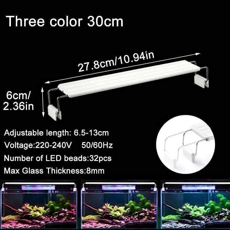 Adjustable 3-Color Full Spectrum LED Aquarium Light – Clip-On Telescopic Lamp for 18–75 cm (7–30 in) Fish Tanks