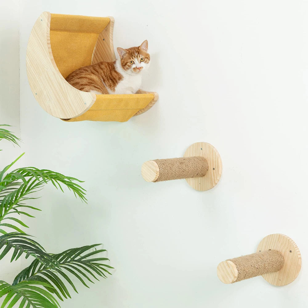 Moon-Shaped Wall-Mounted Cat Shelf & Hammock - Solid Pine Wood Climbing Shelves with Ladder Perches for Indoor Cats