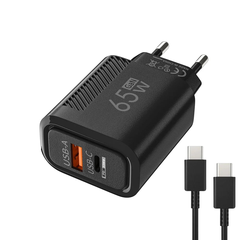 65W GaN 2-Port USB-C PD & QC3.0 Fast Charger - USB-A + USB-C Wall Adapter, EU/US Plug for Smartphones