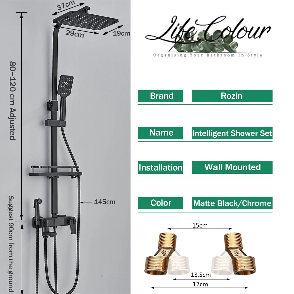 Black Digital Thermostatic Shower System 10-Inch (25.4 cm) Rainfall Head 4-Way Mixer with Digital Display, Slide Bar Shelf & Bidet Faucet