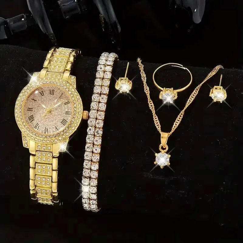 6-Piece Women's Rhinestone Bracelet Quartz Watch Set – Alloy Crystal Wristwatches for Ladies Gift