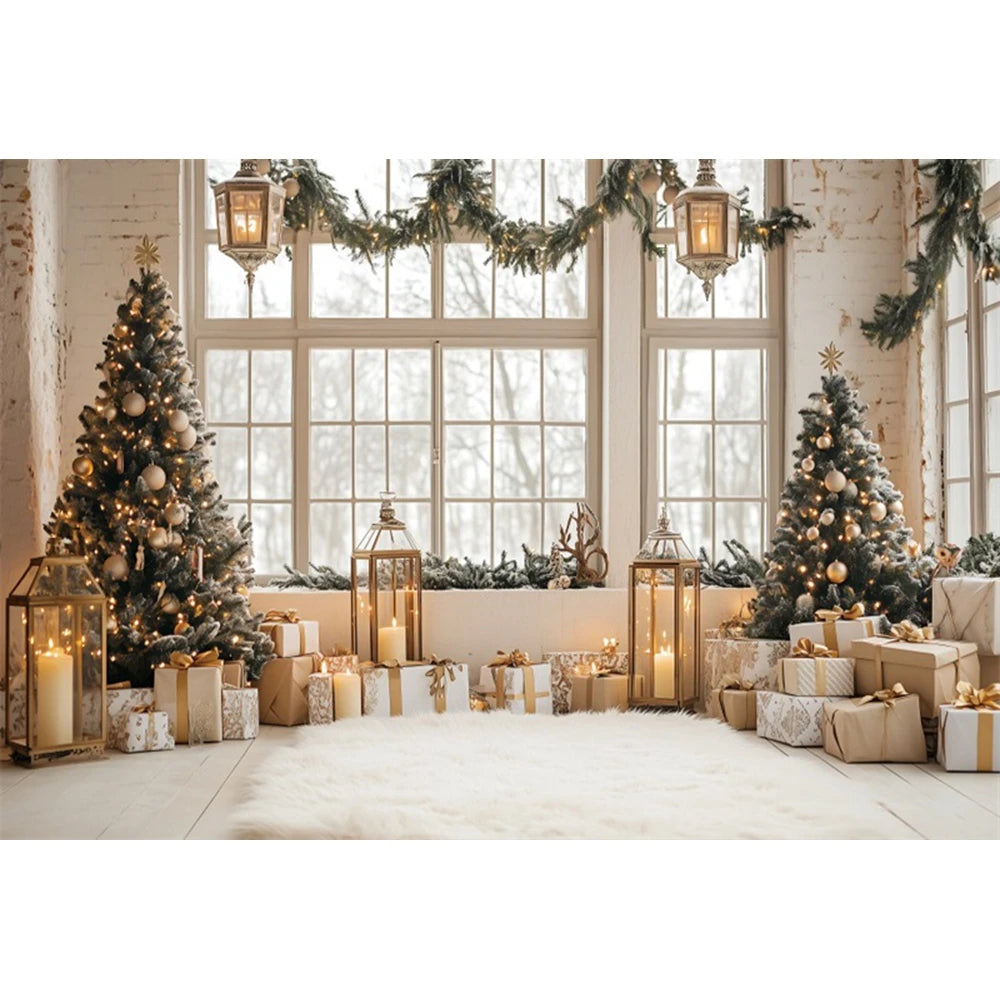 Christmas Fireplace Photography Backdrop — Gingerbread House & Wooden Window Holiday Photo Background for Kids & Family
