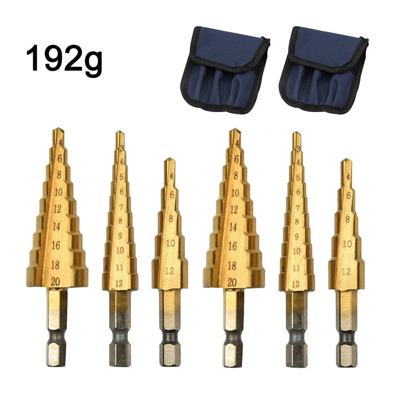 Ti-Plated Hex-Shank Step Drill Bit Set — 3–12mm (0.12–0.47in), 4–12mm (0.16–0.47in), 4–20mm (0.16–0.79in) — 3-Piece