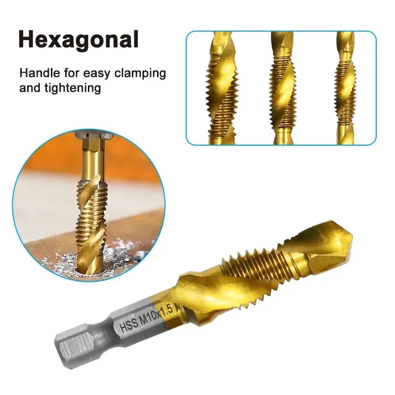 6-Piece High-Speed Steel (HSS 4341) Titanium-Plated Tap & Drill Set - Integrated Machine Taps with Chamfering Tools