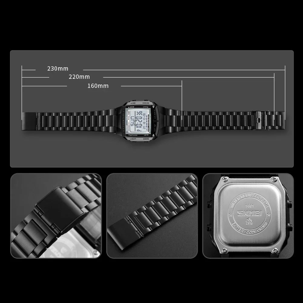 Men's Waterproof LED Digital Sport Watch – 30M (3ATM) Water Resistant, Stainless Steel Band, Military Style