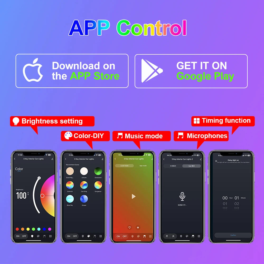 RGB Car Interior Footwell LED Light Strip with Bluetooth APP & Music Sync, 12V Cigarette Lighter Powered