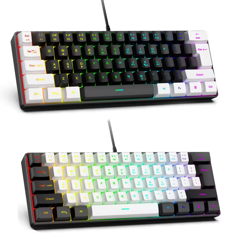 Mini Wired Mechanical Keyboard 61-Key USB RGB Backlit Compact Portable, Red or Blue Switch, Black White Red