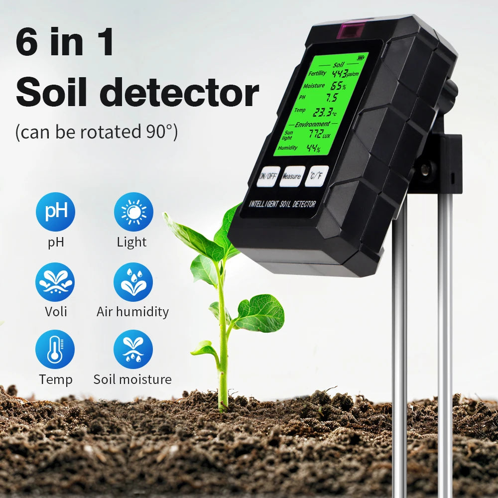6-in-1 Soil Tester pH Moisture Light Temperature Humidity Nutrient Meter for Garden & Pots