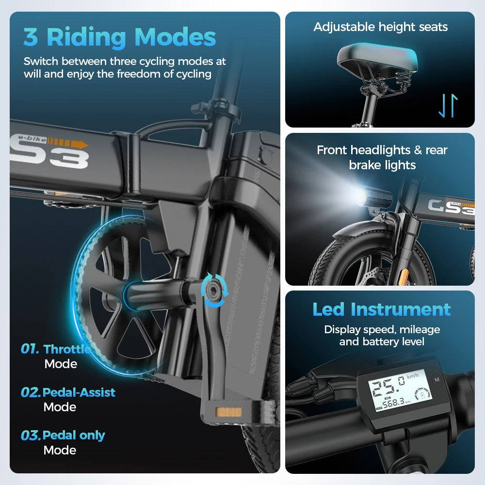 Compact Folding Electric City E-Bike 250W 48V, 14-Inch Wheel, 31-60 km Range, Brushless Motor