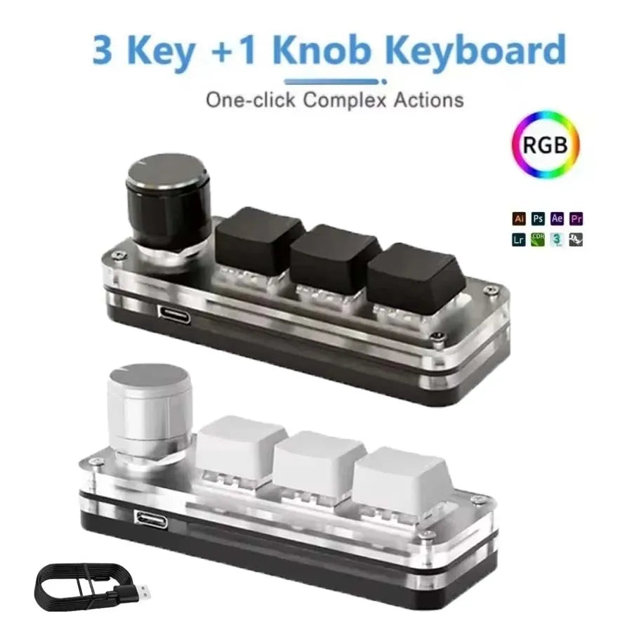 3-Key Programmable USB Mechanical Macro Pad with RGB Knob, Mini Hot-Swap Macro Keyboard for Photoshop and Gaming