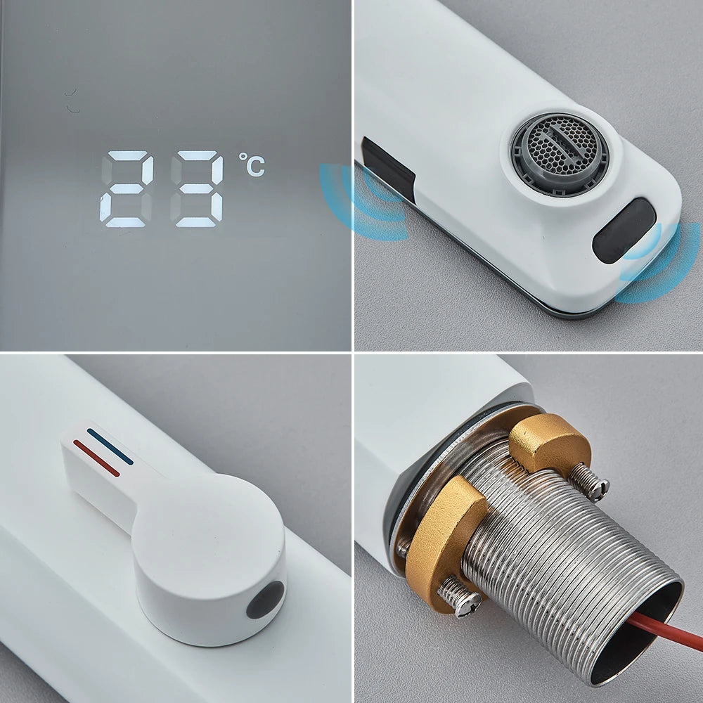 Touchless White Sensor Basin Faucet with Digital Temperature Display – Hot & Cold Mixer Tap for Bathroom Vanity