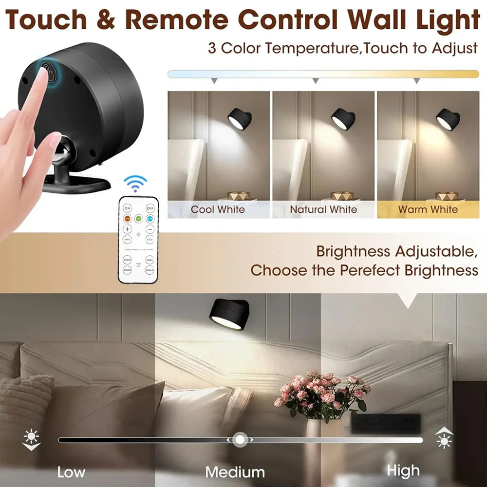 Rechargeable LED Magnetic Picture Light Dimmable 360° Rotating Touch Remote Wall Cabinet Night Lamp