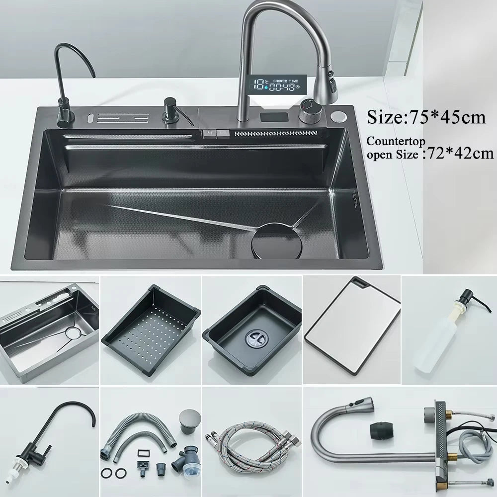 304 Stainless Steel Undermount Kitchen Sink Single Bowl 75 x 45 cm (29.5 x 17.7 in) Brushed Finish with Waterfall Faucet, Digital Display and Soap Dispenser