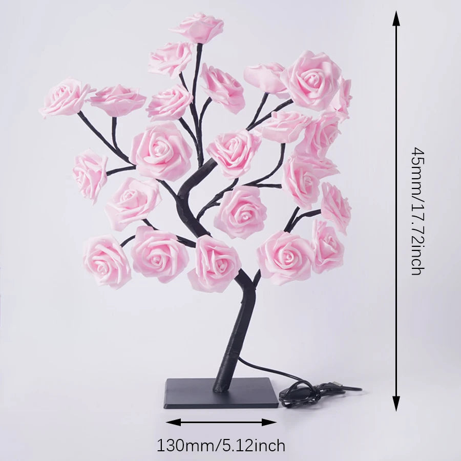 24 LED USB Rose Tree Table Lamp Fairy Flower Night Light for Home Wedding Party Bedroom Gift