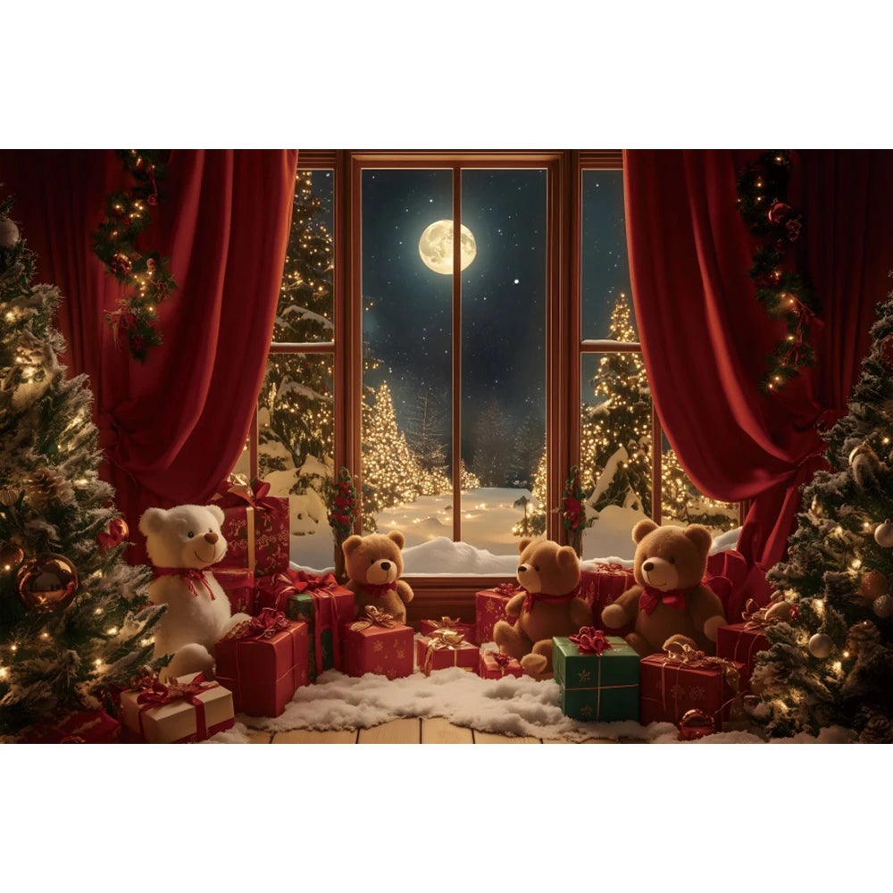 Christmas Photography Backdrop - Red Curtain & Window Scene with Snowy Bear and Gifts for Kids & Family Portraits