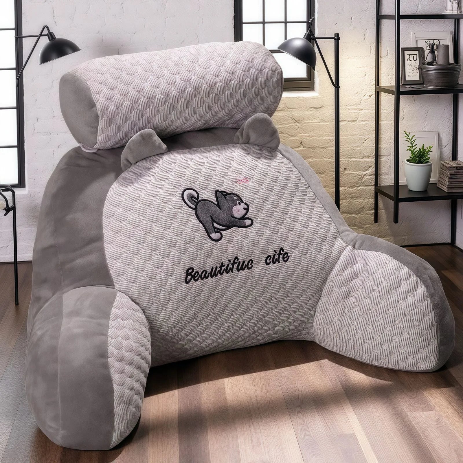 Adjustable Reading Pillow Back Support Cushion – Quilted Ergonomic U-Shape Pillow for Bed, Sofa & Floor, 24 x 16 in (60 x 40 cm), Gray