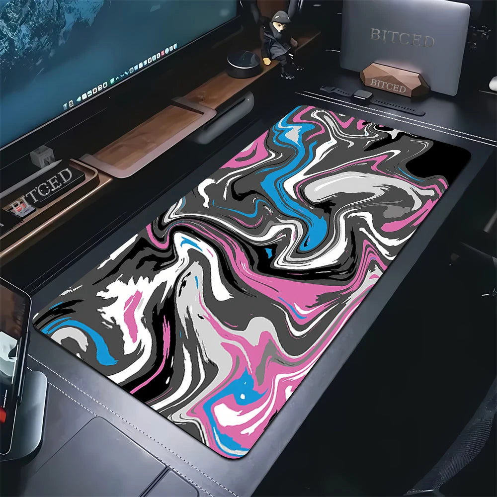 XXL Extended Mouse Pad 35.4 x 15.7 in (900 x 400 mm) Black & White Strata Liquid Anime Keyboard Desk Mat Anti-Slip Rubber