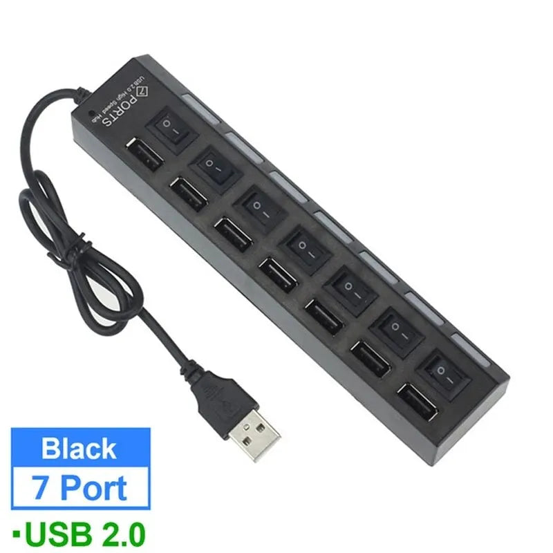 7-Port USB 2.0 Hub with Individual Switches & LED Indicators – USB Extension for PC Laptop Desktop