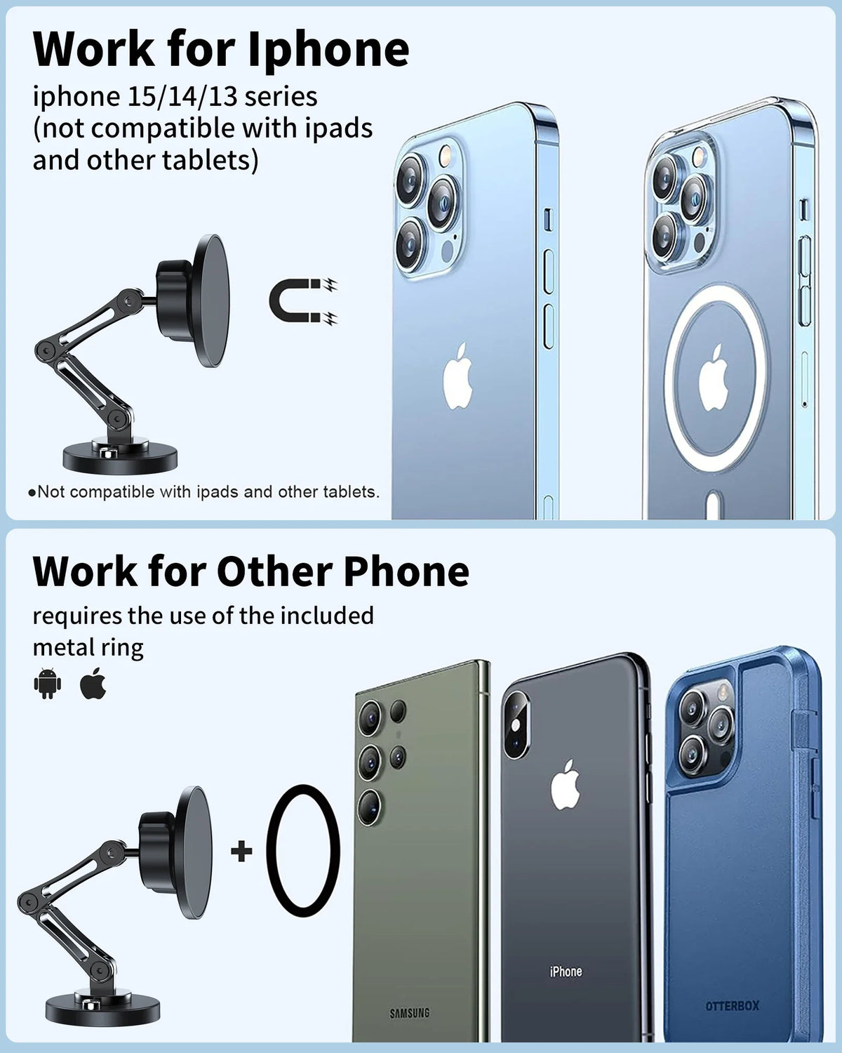 Magnetic Wireless Car Phone Charger Mount 15W Fast Charge 360° Rotating Dashboard & Windshield Phone Holder for iPhone and Android