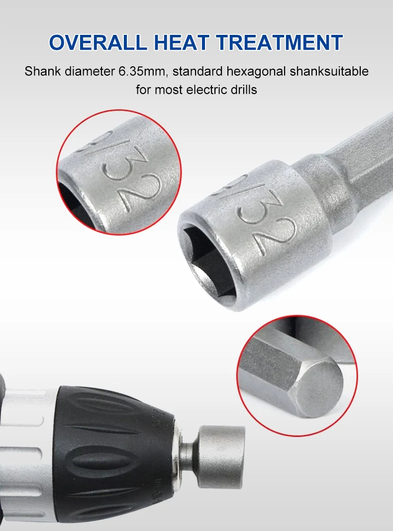 14-Piece Chrome Vanadium Hex Socket Bit Set - 1/4-inch (6.35mm) Universal Hex Shank with Extension Rods & Pneumatic Screwdriver Inserts
