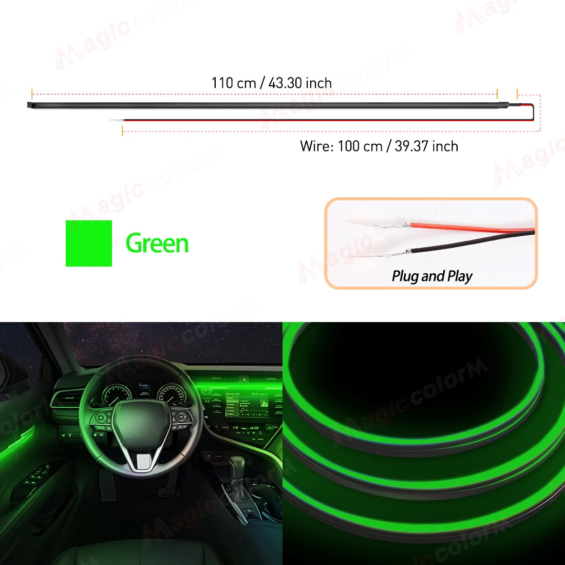 Car Interior Ambient LED Strip 110cm (43.3in), Universal DIY Flexible Cuttable Acrylic Lighting