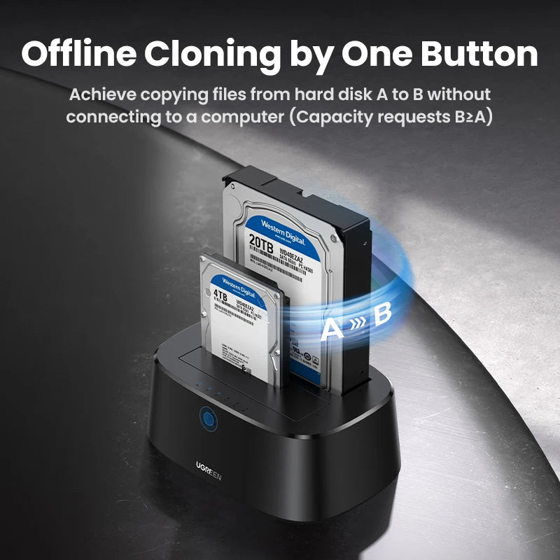 Dual-Bay SATA to USB 3.0 HDD Docking Station for 2.5"/3.5" SSD HDD Offline Clone Tool-Free