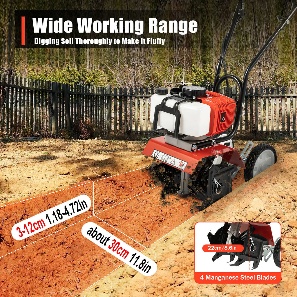 52CC 1700W Gasoline Garden Tiller 2-Stroke Air-Cooled Rotary Cultivator, 30cm (12in) Working Width, 3–12cm (1.2–4.7in) Depth