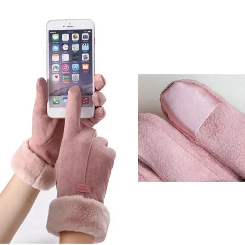 Women’s Furry Winter Gloves - Wrist-Length Full-Finger Touchscreen Mittens for Outdoor Sports