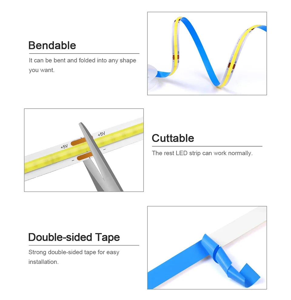 USB Tuya Zigbee 3.0 COB LED Strip Light — 1–5m (3.3–16.4ft), 320 LED/m, Dimmable Warm & Cool White, 5V for Alexa & Google Home