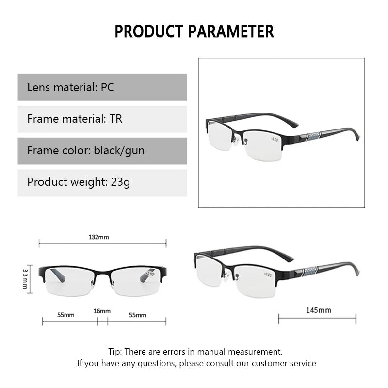 Unisex Half-Frame Reading Glasses - Metal Rectangle Readers for Presbyopia, +1.0 to +3.5 Diopters