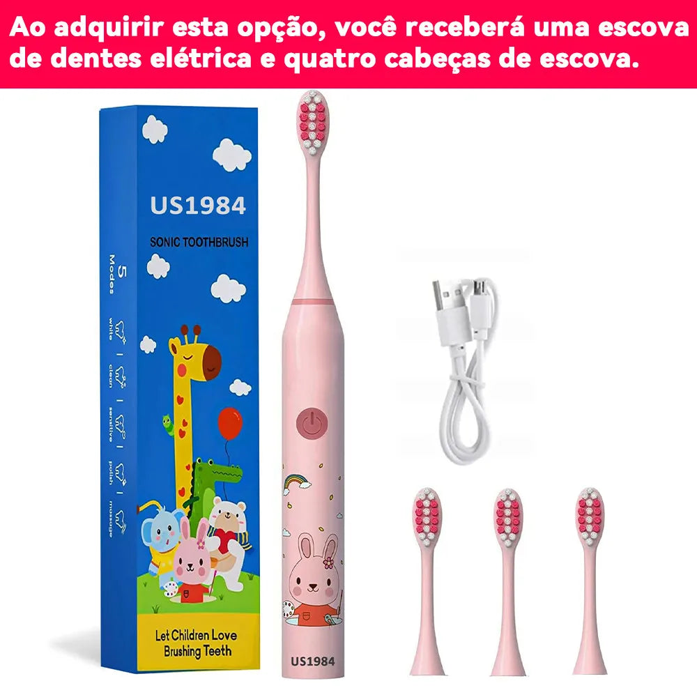 Rechargeable Sonic Electric Toothbrush for Kids - 4 Replacement Heads, Soft Bristles, Ages 3-12