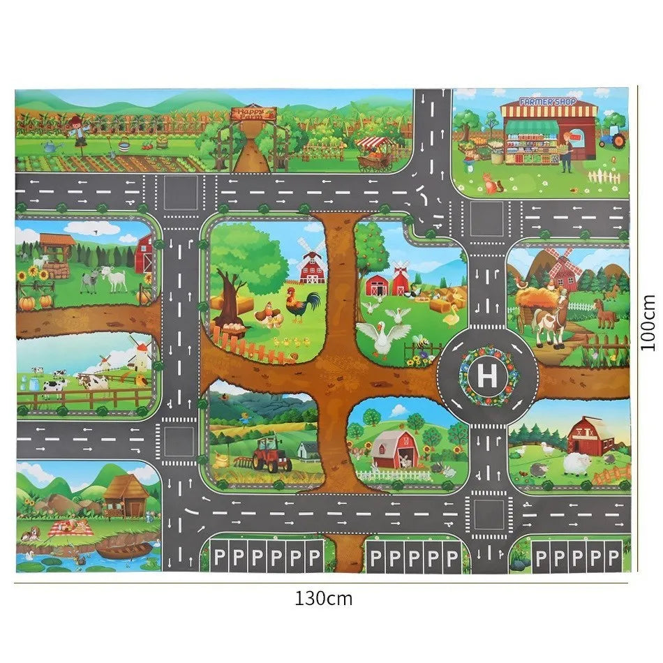 Kids Waterproof Playmat 39.4 x 51.2 in (100 x 130 cm) – Portable Foldable Road Map Play Rug with Farm, Animal & Dinosaur Design, Non-Toxic Toddler Activity Mat