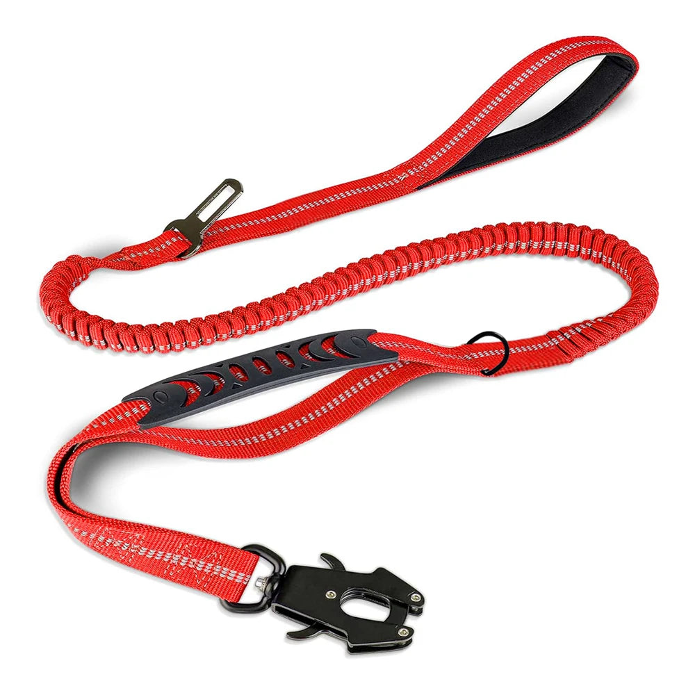 Tactical Heavy-Duty Dog Leash, 4–6 ft (120–180 cm) Shock-Absorbing Bungee with 2 Padded Handles, Metal Carabiner & Seatbelt Clip